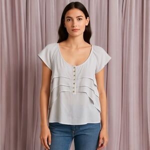 Banana Republic Heritage Ruffled Silk Blend Button Short Sleeve Top Gray Small